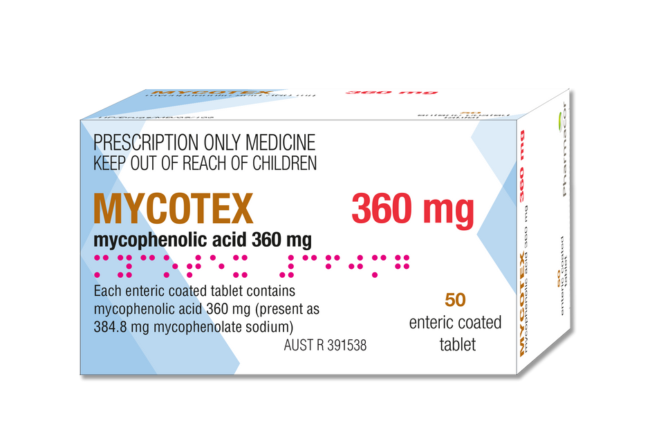 MYCOTEX mycophenolic acid 360mg x 120 enteric-coated tablet blister pack