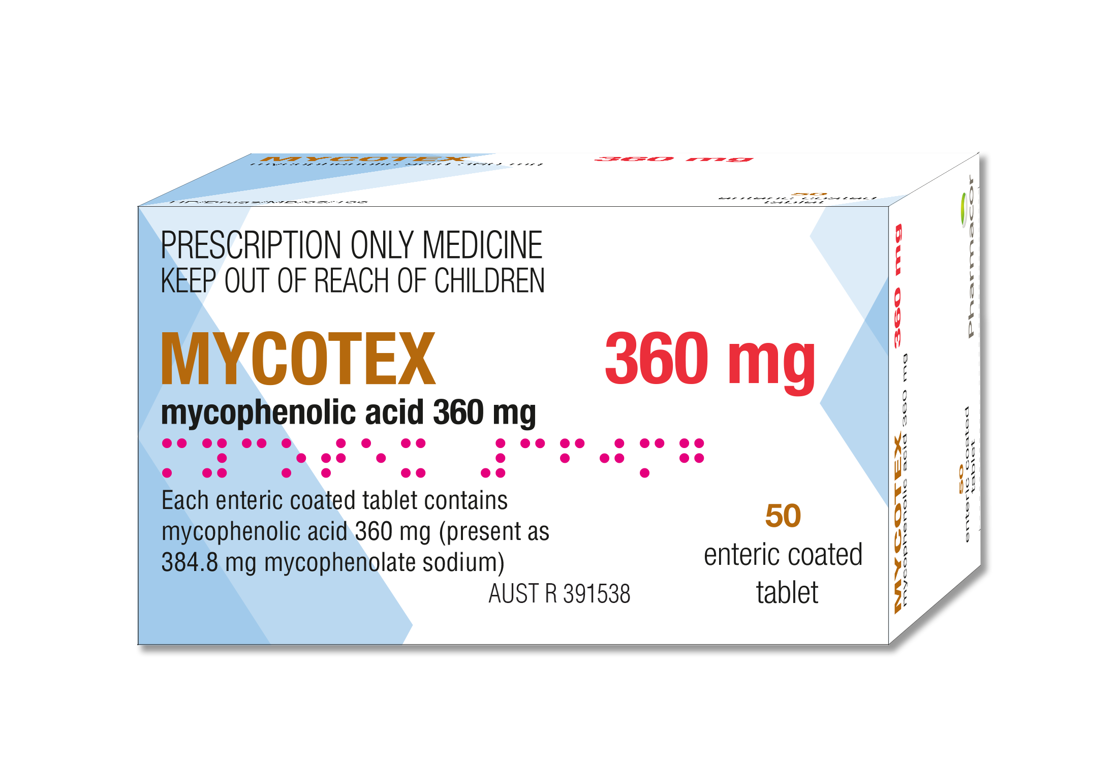 MYCOTEX mycophenolic acid 360mg x 120 enteric-coated tablet blister pack