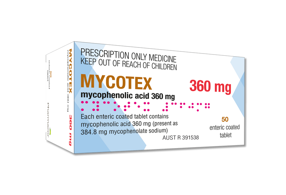 MYCOTEX mycophenolic acid 360mg x 120 enteric-coated tablet blister pack