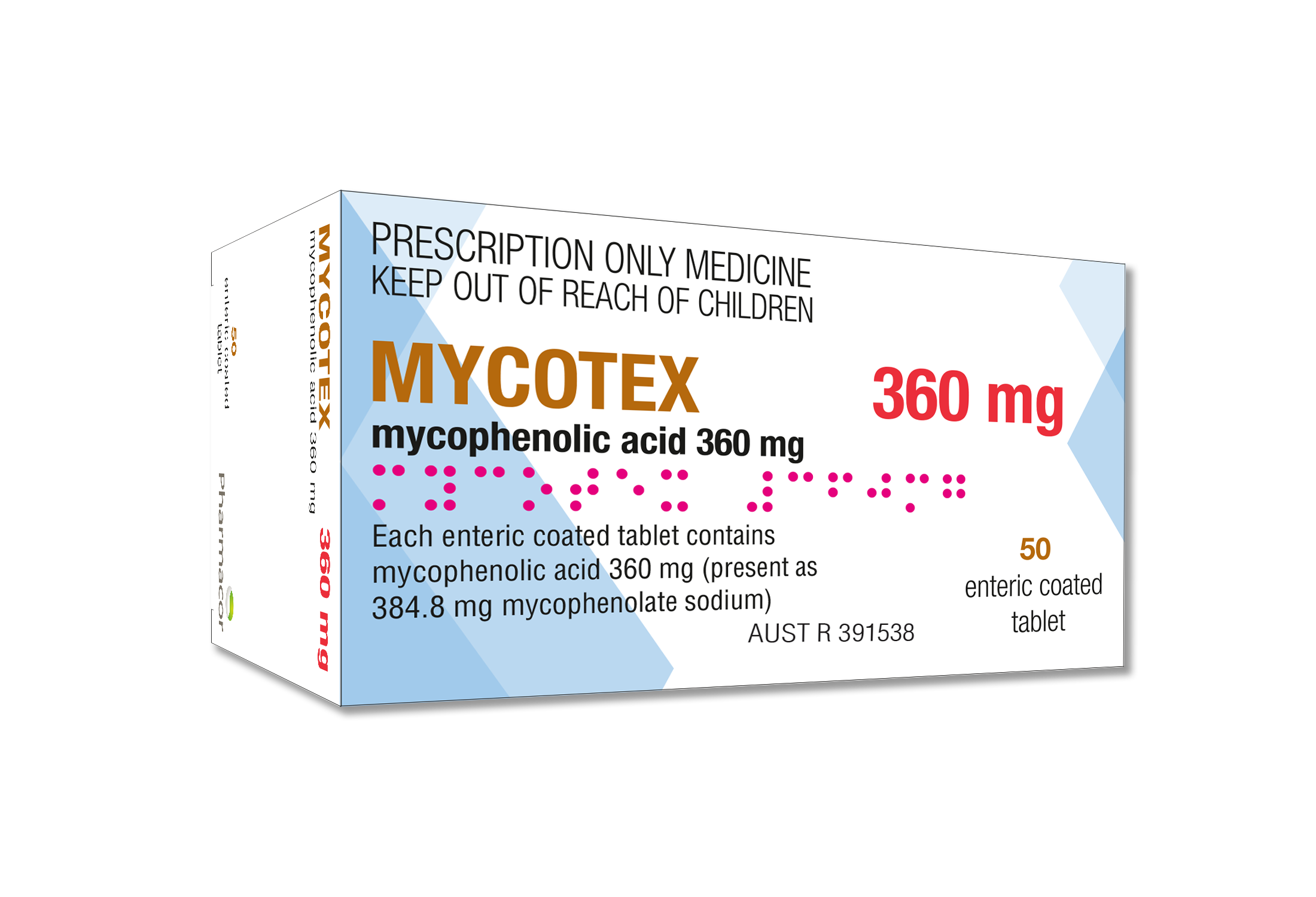 MYCOTEX mycophenolic acid 360mg x 120 enteric-coated tablet blister pack