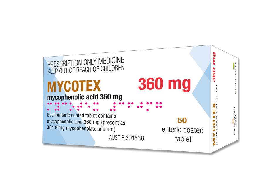 MYCOTEX mycophenolic acid 360mg x 120 enteric-coated tablet blister pack