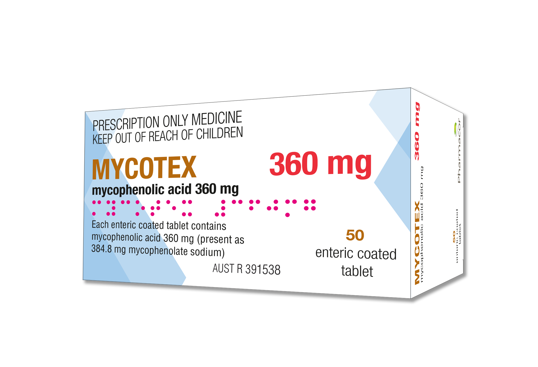 MYCOTEX mycophenolic acid 360mg x 120 enteric-coated tablet blister pack