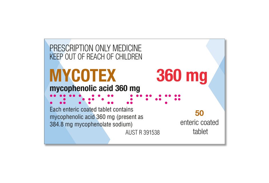 MYCOTEX mycophenolic acid 360mg x 120 enteric-coated tablet blister pack